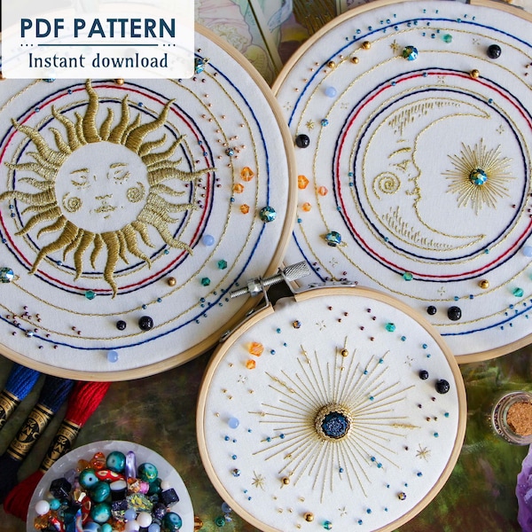 Pattern Bundle 3 Sun Moon Star Hand Embroidery Patterns, PDF Download, Easy Bead Embroidery Patterns with Step by Step Tutorials