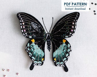 3D Butterfly Hand Embroidery Pattern, PDF Download, Beaded Spicebush Swallowtail Thread Painting Step-by-Step Tutorial