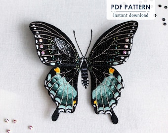 3D Butterfly Hand Embroidery Pattern, PDF Download, Beaded Spicebush Swallowtail Thread Painting Step-by-Step Tutorial