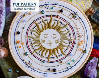 Sun Galaxy Hand Embroidery Pattern, PDF Download, Easy Bead Embroidery Pattern with Step by Step Tutorial