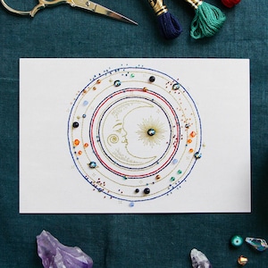Mond Galaxy 4x6 Framing Mini Kunstdruck, Original handbesticktes Design, himmlische Postkarte, stationäres Geschenk für Kunstliebhaber