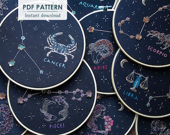 Pattern Bundle 12 Zodiac Hand Embroidery Patterns, PDF Download, DIY Bead Embroidery for Star Signs