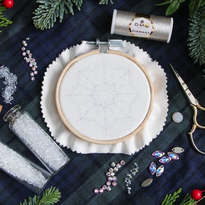 The hoop before stitching, centered in the photo, has the pattern lightly traced in pencil. The materials, beads, and thread used in the pattern surround the hoop. And Christmas greenery create a frame along the edges.