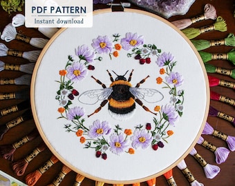 Bumble Bee in Wildflower Wreath Thread Painting Stickmuster, PDF Download, Magische Fadenmalerei