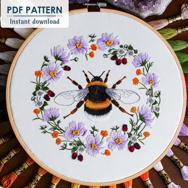 Bumble Bee in Wildflower Wreath Thread Painting Embroidery Pattern, PDF Download, Magical Thread Painting
