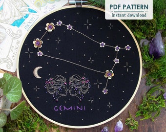 Gemini Zodiac Hand Embroidery Pattern, Downloadable PDF, Beginner Bead Embroidery, Hoop Art