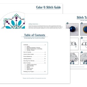 Three example pages from tutorial guide. The first page is the Table of Contents. The second page is the first stitch tutorial guide. The third page is of the color and stitch guide.