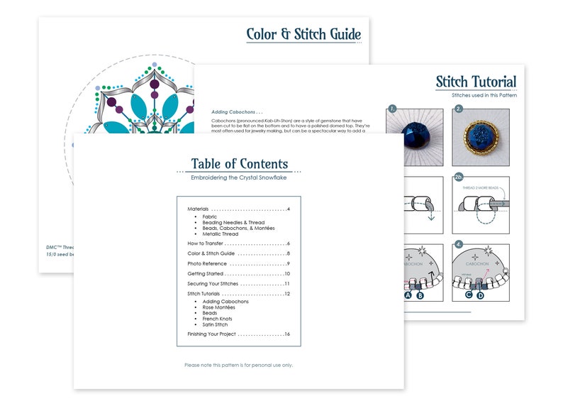 Three example pages from tutorial guide. The first page is the Table of Contents. The second page is the first stitch tutorial guide. The third page is of the color and stitch guide.