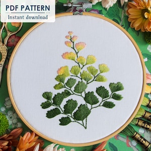May include: A close-up of an embroidery hoop with a green and yellow fern design. The hoop is surrounded by floral accents and embroidery floss.