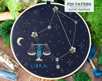 Libra Zodiac Hand Embroidery Pattern, Downloadable PDF, Beginner Bead Embroidery, Hoop Art