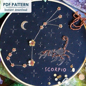 Scorpio Zodiac Hand Embroidery Pattern, Downloadable PDF, Beginner Bead Embroidery, Hoop Art