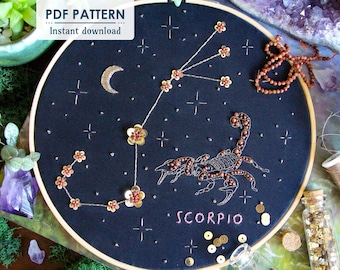 Scorpio Zodiac Hand Embroidery Pattern, Downloadable PDF, Beginner Bead Embroidery, Hoop Art