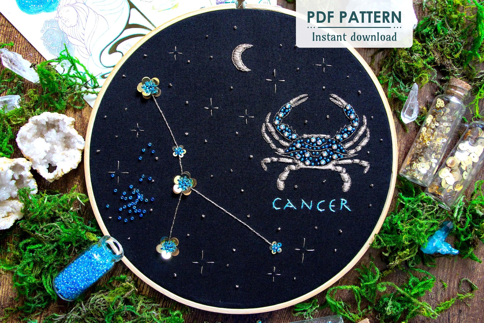 Cancer Zodiac Hand Embroidery Pattern, Downloadable PDF, DIY Bead ...