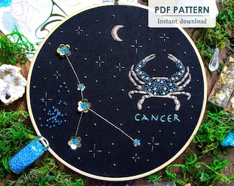 Cancer Zodiac Hand Embroidery Pattern, Downloadable PDF, DIY Bead Embroidery, Hoop Art