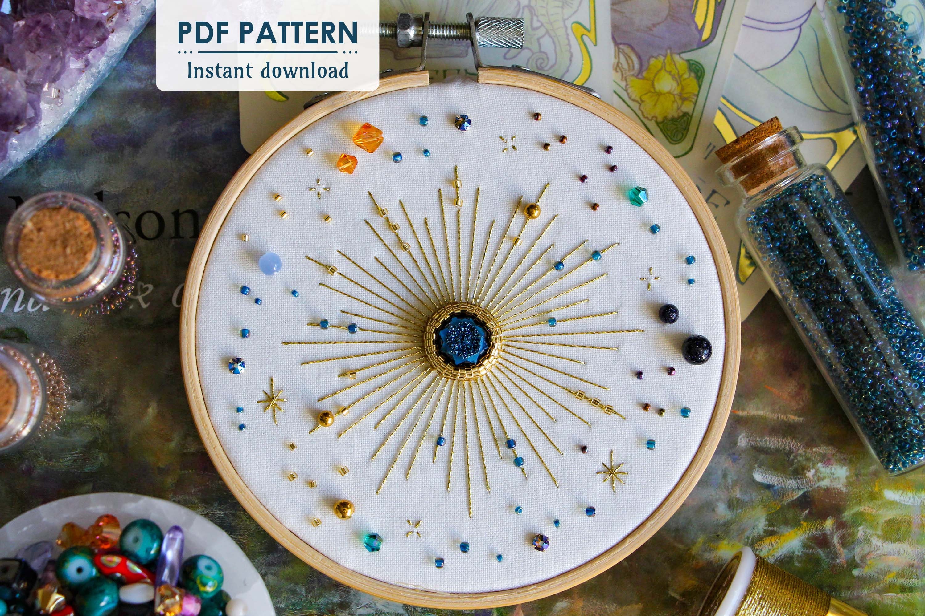 North Star Hand Embroidery Pattern, PDF Download, Easy Celestial Bead Embroidery Pattern with Step by Step Tutorial