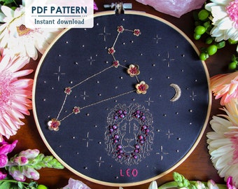 Leo Zodiac Hand Embroidery Pattern, Downloadable PDF, Beginner Bead Embroidery, Hoop Art