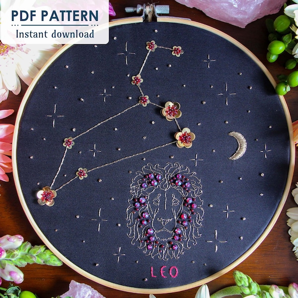 Leo Zodiac Hand Embroidery Pattern, Downloadable PDF, Beginner Bead Embroidery, Hoop Art