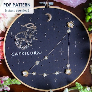 山羊座の星座、手刺繍パターン、デジタルダウンロード、DIY 星座フープアート
