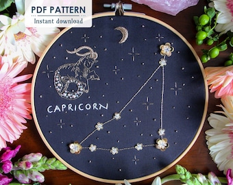 Capricorn Star Sign Zodiac, Hand Embroidery Pattern, Digital Download, DIY Constellation Hoop Art