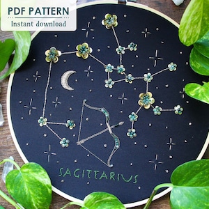 Sagittarius Star Sign Zodiac Hand Embroidery Pattern, PDF Download, DIY Constellation Hoop Art
