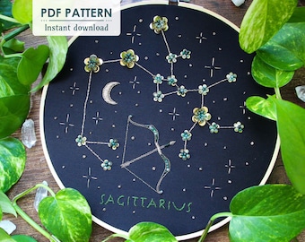 Sagittarius Star Sign Zodiac Hand Embroidery Pattern, PDF Download, DIY Constellation Hoop Art