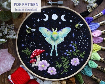 Luna Moth Magical Forest Hand Embroidery Pattern, PDF Download, Colorful DIY Thread Painting Pattern with Step by Step Tutorial