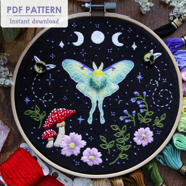 Luna Moth Magical Forest Hand Embroidery Pattern, PDF Download, Colorful DIY Thread Painting Pattern with Step by Step Tutorial