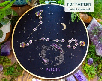 Pisces Zodiac Hand Embroidery Pattern, Downloadable PDF, Beginner Bead Embroidery