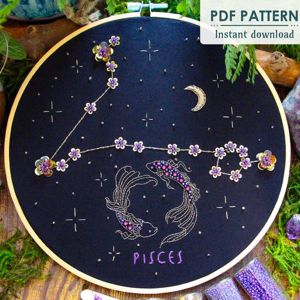 Pisces Zodiac Hand Embroidery Pattern, Downloadable PDF, Beginner Bead Embroidery
