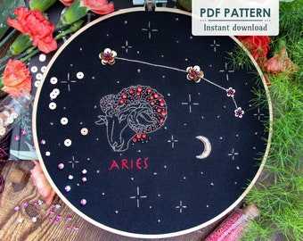 Aries Zodiac Hand Embroidery Pattern, Downloadable PDF, DIY Bead Embroidery, Hoop Art