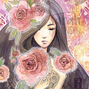 Dreamy Girl with Pink Peonies Watercolor Print
