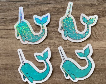 4-pack Sparkling Holographic Blue Narwhal Vinyl Stickers