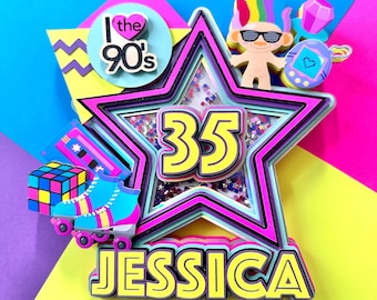 Neon 90s Birthday Cake Topper, Retro Party Decor