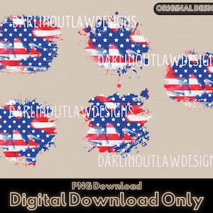 May include: Four digital watercolor illustrations of the American flag with a splattered paint effect. The flag is red, white, and blue with white stars on a blue field.