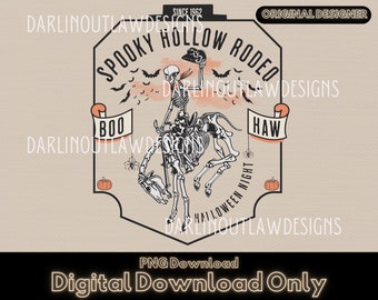 Puede incluir: Una ilustración digital de un esqueleto montando un caballo esquelético. La imagen está en un estilo vintage con un fondo melocotón y una pancarta que dice "Spooky Hollow Rodeo".