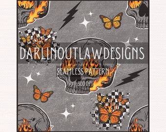 1 Transparent PNG, Flaming Skeleton, Seamless Pattern, Sublimation, ***DIGITAL Download ONLY***