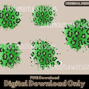 Könnte beinhalten: Vier digitale Cliparts mit grünem und schwarzem Leopardenmuster mit Aquarell-Effekt. Der Leopardenprint ist in einem Sprühdesign.