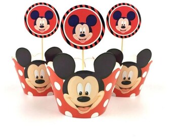 12 stuks cupcake omslagen Mickey Mouse + 12 toppers