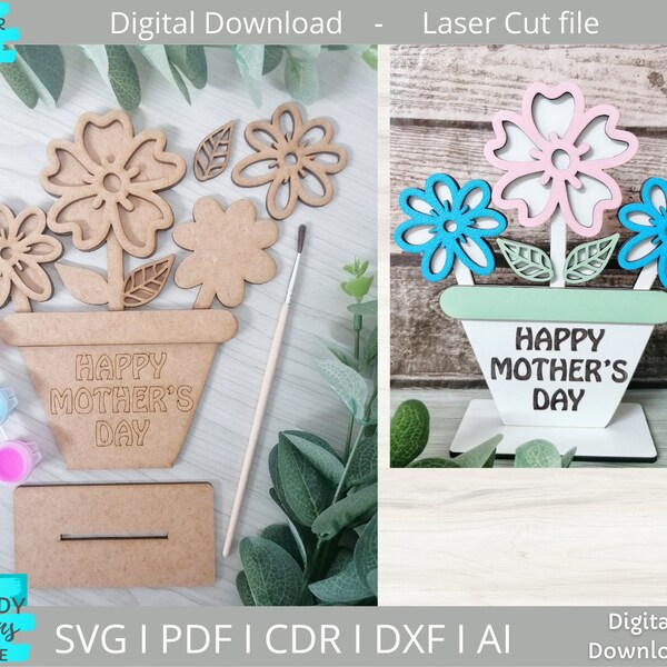 Mothers day Flower Pot Diy Kit svg, Digital Download, Glowforge Ready svg, Laser Cut file, Commercial Use