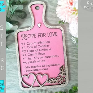 Recipe for Love svg file, Valentines cutting board svg, Glowforge ready, laser cut file, Digital Download, Commercial Use image 1