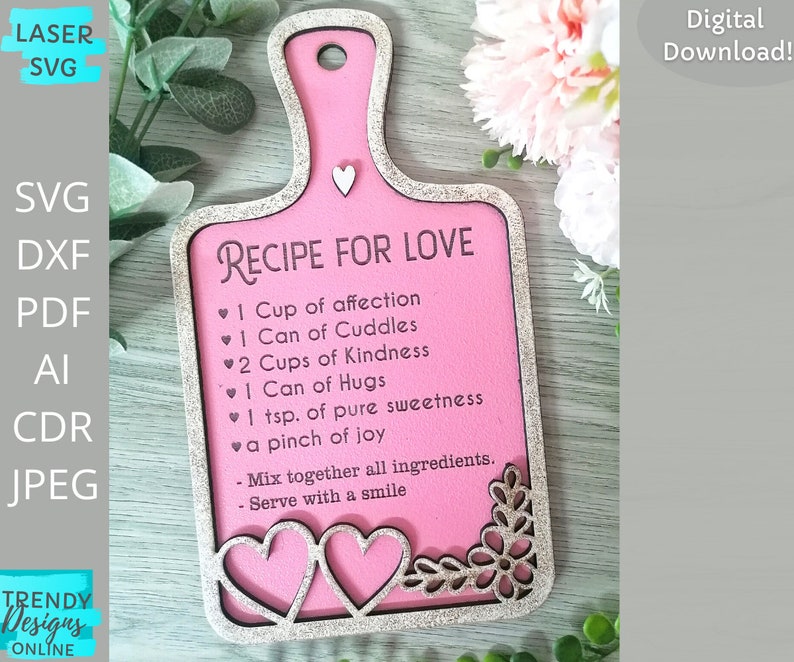 Recipe for Love svg file, Valentines cutting board svg, Glowforge ready, laser cut file, Digital Download, Commercial Use image 1