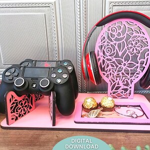 Floral Gamer Controllers &Headset met snuisterijen houder stand svg bestand, Glowforge Ready Laser Cut svg, Digitale Download, Commercieel Gebruik