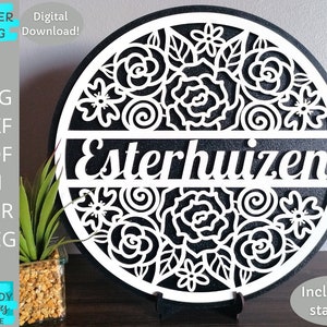 Floral Monogram Circle svg, Personalized Sign svg, Stand Inbegrepen, Glowforge klaar, laser cut bestand, Digitale Download, Commercieel Gebruik