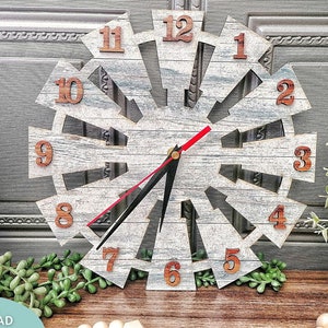 Fichier svg horloge tête de moulin à vent, fichier svg horloge ferme, Glowforge prêt, fichier découpé au laser, téléchargement numérique, utilisation commerciale