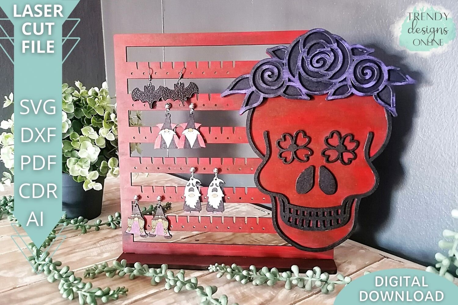 Floral Skull Earrings Display Stand Svg Gothic Jewelry Stand Etsy