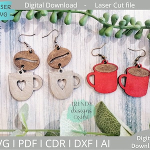 Orecchini Coffee Mug svg, Coffee Bean orecchini bundle svg, Glowforge Ready, Laser Cut Digital Download, Uso commerciale
