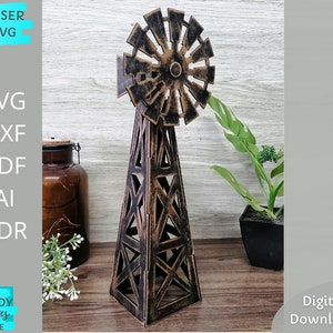 Fichier svg de moulin à vent 3D, petit moulin à vent svg, prêt pour Glowforge, fichier découpé au laser, Téléchargement numérique, Utilisation commerciale