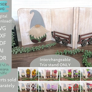 Gnome Wagon Trio 交換可能なスタンドのみ svg、デジタルダウンロード、レーザーカットファイル、Glowforge 対応 svg、商用利用