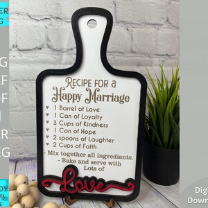 Ricetta per un file svg Happy Marriage, tagliere san Valentino svg, Glowforge pronto, file tagliato al laser, Download digitale, Uso commerciale