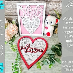 LIEFDE en XOXO Mini Valentines Signs svg, gescoorde lasergesneden bestand svg, digitale download, Glowforge Ready svg, lasergesneden bestand, commercieel gebruik